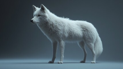 Majestic white wolf standing on a gray background.