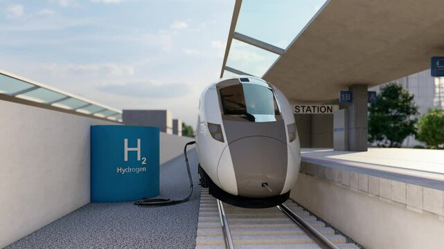 Close-up of a hydrogen train charging socket and a hydrogen charging station. Train charging, hydrogen train, transport of the future, eco-friendly transport. 3D artist rendering.