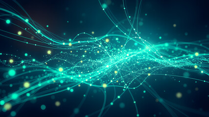 Fototapeta premium Abstract background neon bluish green with plexus motion graphic of medical, business, engineering, science, technology concept, moving lines electrical currents and dots holographic. Generative AI