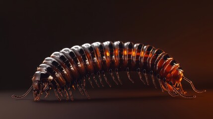 Fototapeta premium Close-up of a millipede with dark brown and orange segments against a dark background.