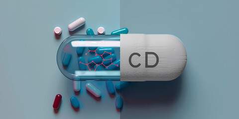 Blue and Red Capsule with Molecular Pattern, Split Design Representing Futuristic Pharmaceutical Science

