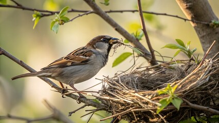 A close-up of a sparrow building a nest on a branch with fresh green leaves. The warm lighting and natural details capture the beauty of springtime and wildlife in action.