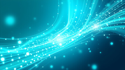 Obraz premium Abstract background neon bluish green with plexus motion graphic of medical, business, engineering, science, technology concept, moving lines electrical currents and dots holographic. Generative AI