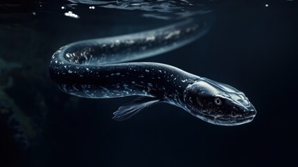 Fototapeta premium Underwater shot of a speckled, dark-colored eel swimming gracefully in dark water.