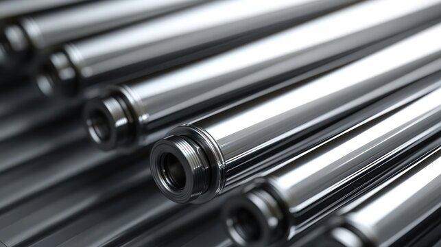 Close-up of shiny, chrome-plated metal rollers, industrial parts.