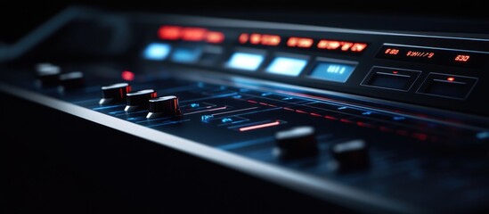 Obraz premium Close-up of a futuristic audio mixer console with illuminated buttons and knobs.