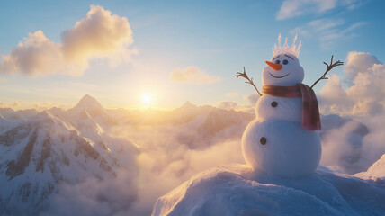 Fototapeta premium 雪山の頂に君臨するスノーマンが眺める壮大な冬景色