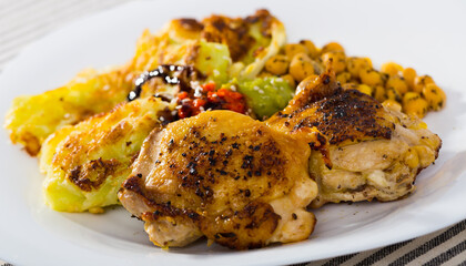 Baked chicken thighs with cabbage in batter served with spicy garbanzos and two sauces on white plate