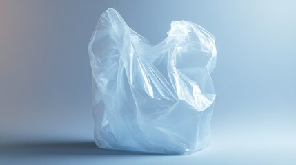 A crumpled, translucent plastic shopping bag on a light blue background.