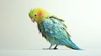 Obraz premium A vibrant yellow and teal cockatiel bird with ruffled feathers, standing on a white surface against a light background.