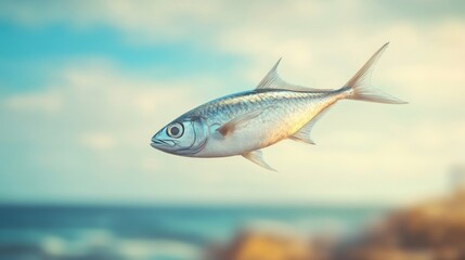 Fototapeta premium A single silvery fish swims in the ocean against a blurred background of blue sky and water.