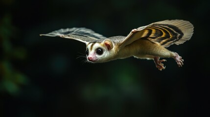 Flying lemur gliding through dark, lush forest.