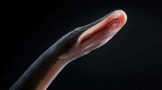 Close-up of a caecilian amphibian's head, showing its unique features against a black background.