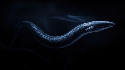 Obraz premium Mysterious deep-sea creature, serpentine body, dark blue, elegant, swimming in black water.