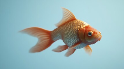 Fototapeta premium Single goldfish swimming against a light blue background.
