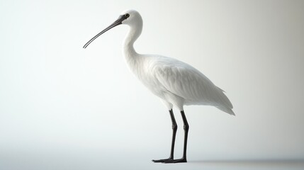 Obraz premium Eurasian Spoonbill, white bird with black beak, standing profile.
