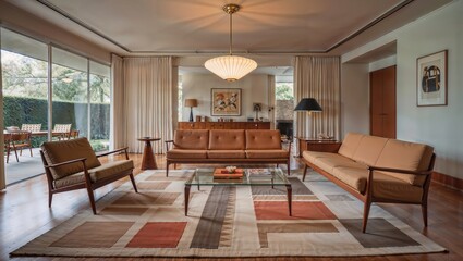 Fototapeta premium Mid-Century Modern Living Room with Stylish Furniture, Warm Decor, and Large Windows