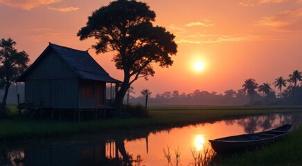 Fototapeta premium Serene Sunset Over a Tranquil River and Cottage