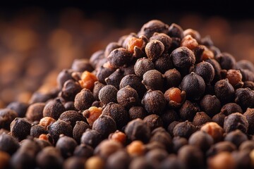 A close-up of a pile of dark seeds, showcasing texture and detail.