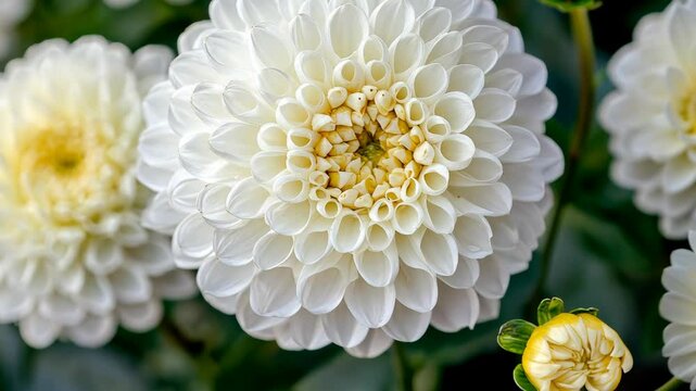 White dahlia blossoms blooming in a garden during late summer with bright green foliage surrounding them