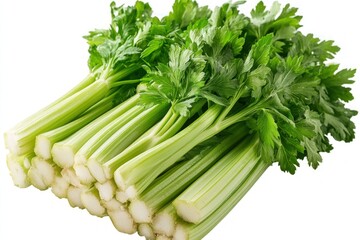 Obraz premium Fresh celery stalks, healthy food, kitchen ingredient, white background, cooking