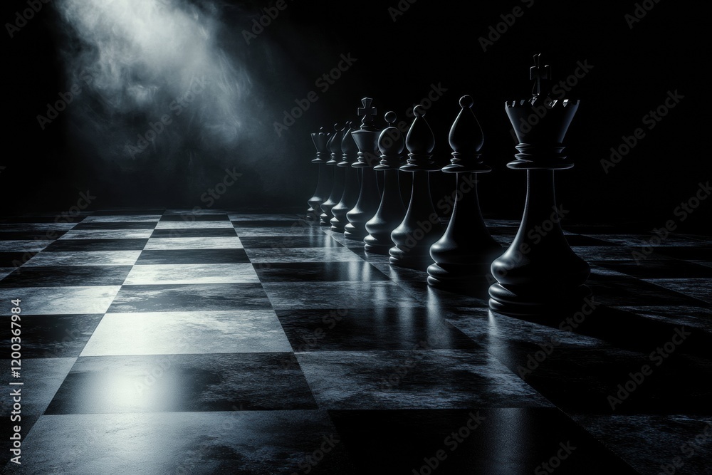 Poster Chess pieces lined up on a dark board with dramatic lighting highlighting their shapes and shadows in a mystical atmosphere. Generative AI