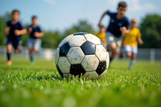 A worn soccer ball sits on a grassy field, with young players in blue and yellow jerseys in the background, engaged in a match.