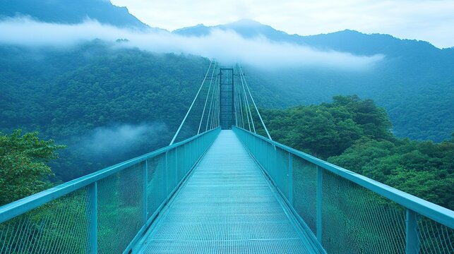 Misty mountain landscape with long suspended bridge and lush greenery - Powered by Adobe