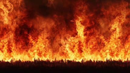 A raging wildfire engulfs the landscape with intense flames and smoke, creating a dramatic and dangerous scene.