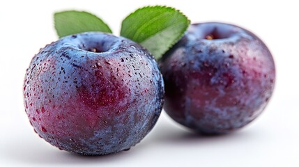 Obraz premium Fresh plums, leaves, white background, healthy food
