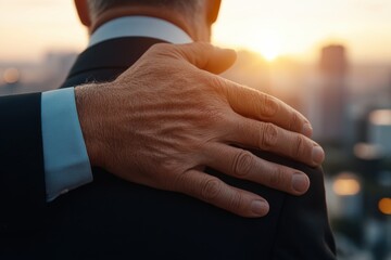 A businessman receiving a supportive hand on his shoulder amidst a cityscape at sunset, depicting camaraderie and reassurance in a professional context.