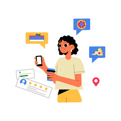 Woman With Smartphone And Coffee Checking Food Reviews In Flat Vector Illustration Symbolizing Online Feedback And Food Choices, Isolated On White Background.