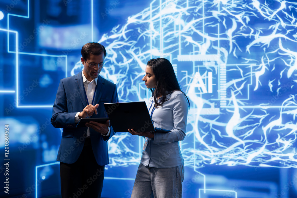 Poster colleagues using ai neural networks modeled after human brain, brainstorming ways to solve complex p