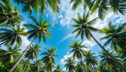 Tall Palm Trees Viewed from Below Against a Blue Sky