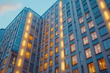 Fototapeta premium Modern architecture highlights sharp lines and glowing windows in urban setting