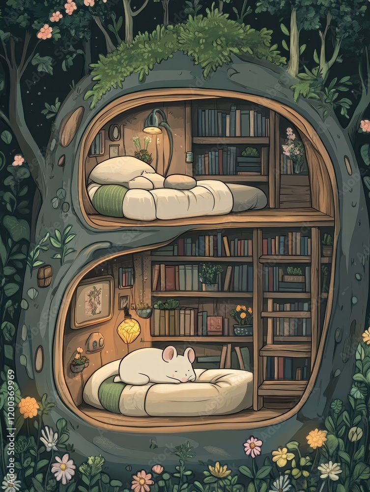 Aufkleber cozy underground animal home with comfortable beds and a warm bookshelf in a forest setting. generat