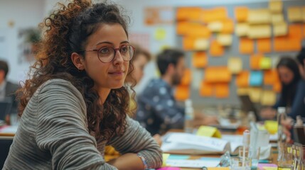 Detailed shot of a dynamic idea generation workshop with diverse team members actively participating 