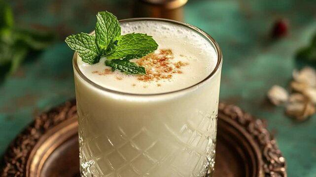 Traditional Persian doogh in an ornate glass, frothy top, mint garnish, with condensation, showcasing creamy texture and refreshing bubbles.