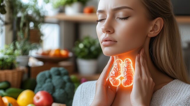 Young caucasian woman examining thyroid health in natural setting. For medical publications, educational content, and health awareness campaigns. World Thyroid Day