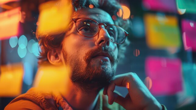 Detailed shot of a creative team engaged in a lively brainstorming workshop, surrounded by sticky notes 