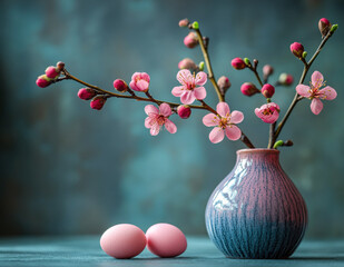 Happy Easter! Colorful Easter decoration eggs and cherry blossom Sakura, spring flowering twigs, blue wall background, copy space. Holidays, spring concept. Greeting card banner