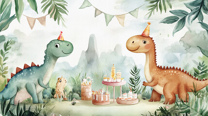 Naklejka premium The image depicts a festive scene with two cute, cartoonish dinosaurs wearing party hats, celebrating at a table with treats and decorations