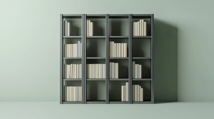 Fototapeta premium Minimalist steel-gray bookshelves with vertical dividers, centered against a smooth light green background