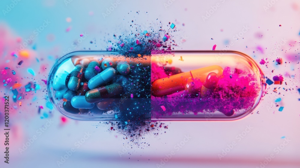 Aufkleber Colorful particles spill from a split capsule showcasing vibrant hues and dynamic textures in a bright setting. Generative AI