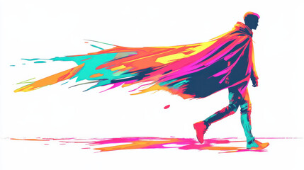 A vibrant graphic of a person walking with a flowing cape, dynamic movement captured mid-step, bold color accents on clothing