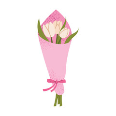 Bouquet of white tulips wrapped in pink paper with a decorative ribbon. Perfect for spring themes, elegant celebrations, and romantic gifts. Flat vector illustration isolated on white background.