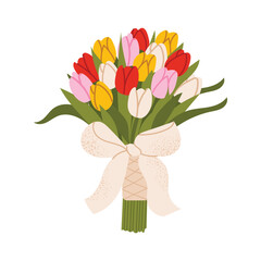 Colorful bouquet with yellow, red, pink, and white tulips tied with a white ribbon. Perfect for spring holidays, weddings, and Mother's Day. Flat vector illustration isolated on white background.