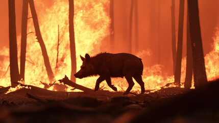 Naklejka premium A wild boar walks through a forest engulfed in flames, highlighting the devastation of a wildfire.