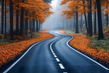Serene Autumn Forest Road with Vibrant Foliage and Misty Atmosphere for Tranquil Designs