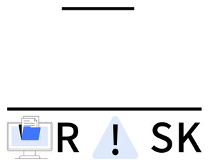 Computer monitor displaying a folder with a document, letters R and SK around a warning icon. Ideal for tech, cybersecurity, data protection, risk management, IT security training, online safety